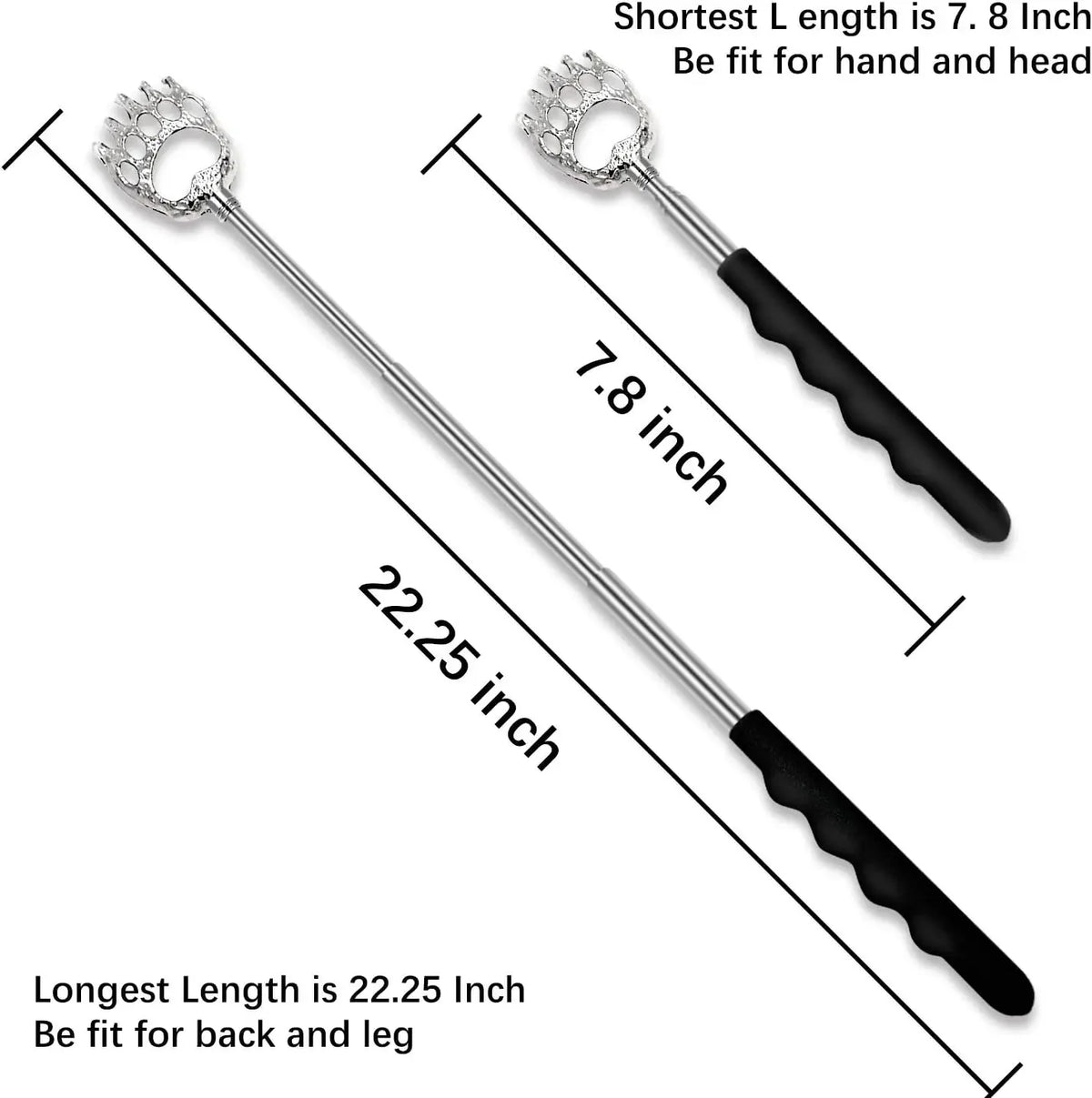 Extendable bear claw back scratcher and massager with lengths of 7.8 inches and 22.25 inches
