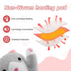 A cat-shaped non-woven heating pad is shown next to a hand, highlighting features like even heating and overheat protection.