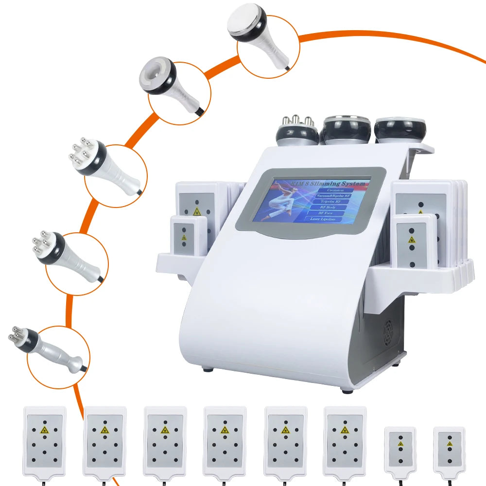 A white ultrasonic body sculpting massager device with various attachments and power outlets.
