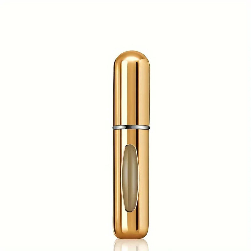 A sleek, gold-colored mini refillable perfume atomizer bottle with a silver cap.