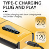 A yellow Type-C charging plug and play device for USB fast charging with 3H fast charging capability.