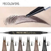 A close-up of a black eyeliner pencil and a brush applying makeup to a strand of dark eyebrow hair.
