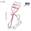 A pink precision eyelash curler tool shown in a vertical view with dimensions and weight specifications.