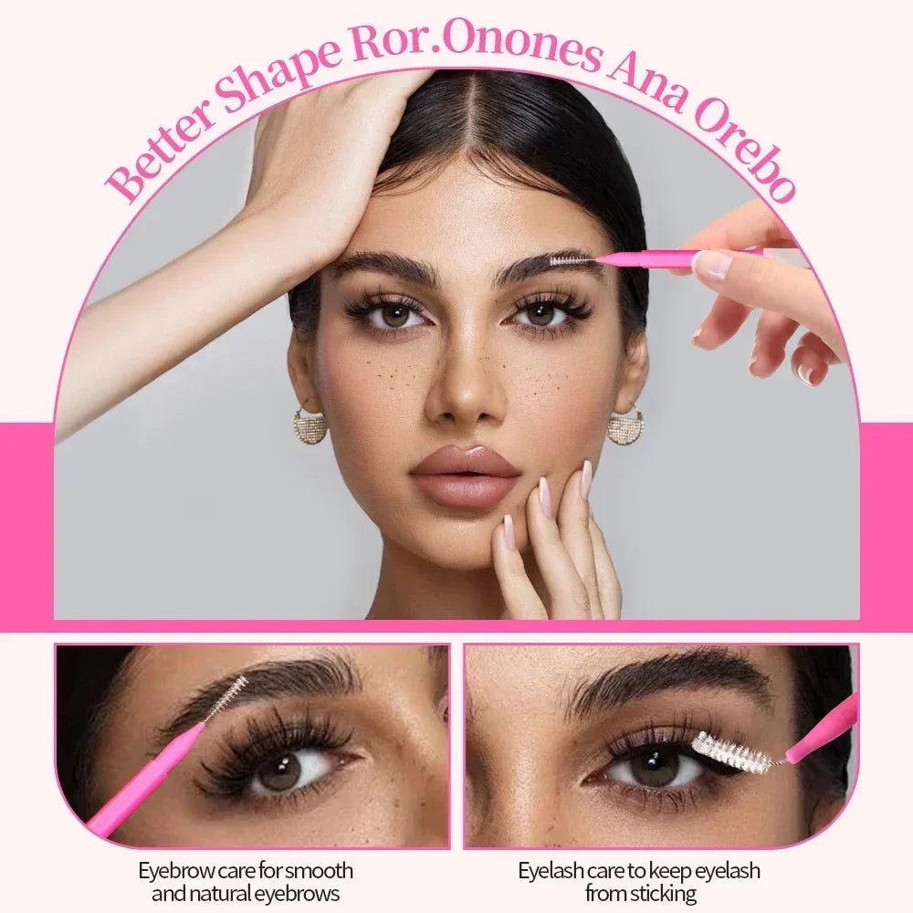 A woman applies brow and eyelash products to her face, demonstrating eye and brow care.