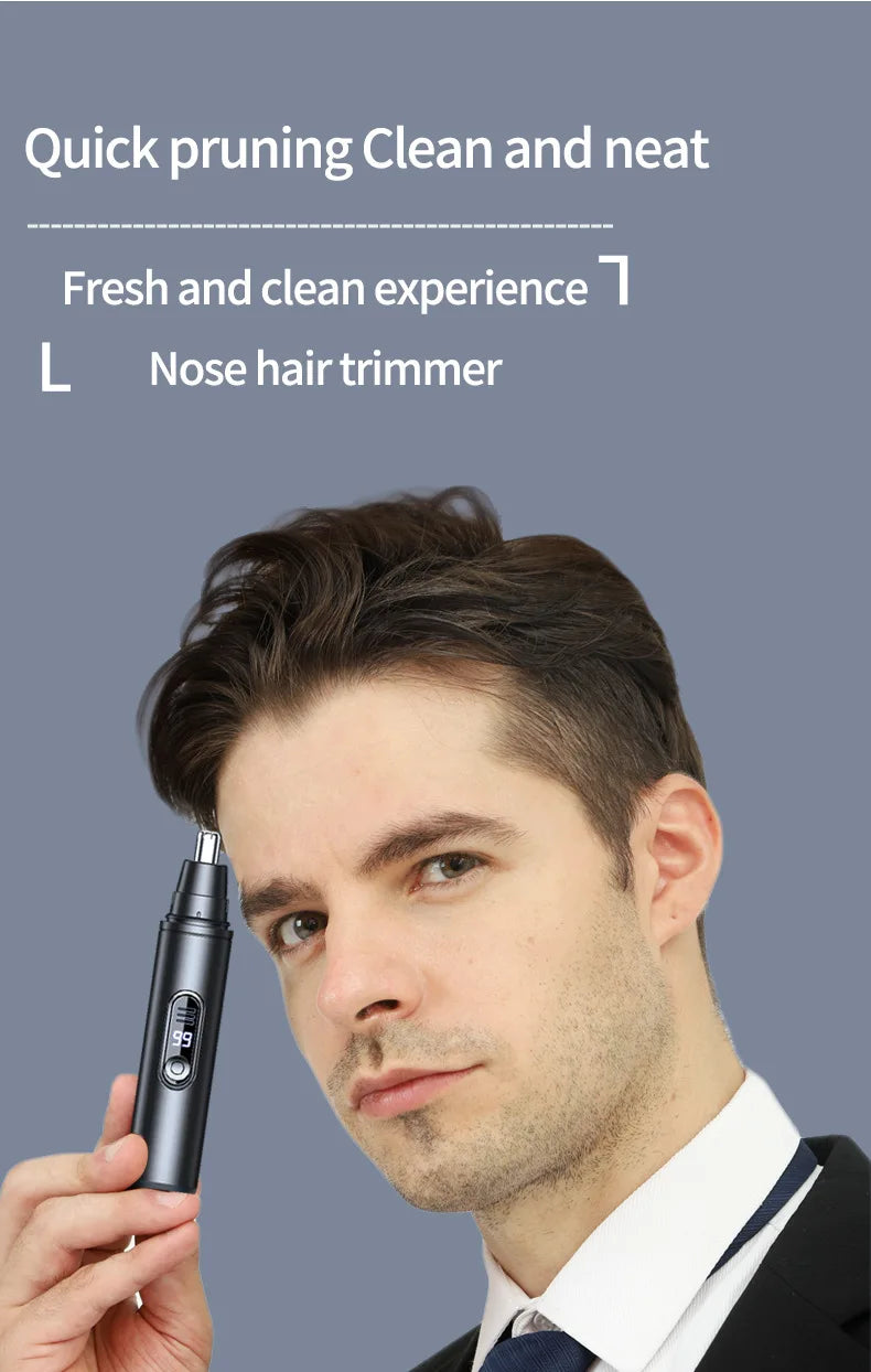 A man is holding a black nose hair trimmer device, demonstrating its use for quick pruning.