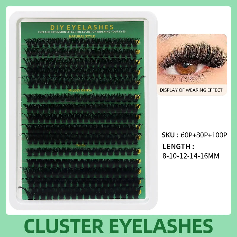 A package of DIY eyelashes featuring various lash clusters in different densities and lengths.