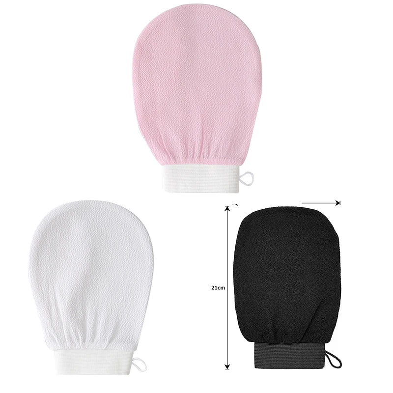 A pair of exfoliating body scrubbing gloves, one pink and one black, shown flat.