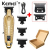 A Kemei professional cordless hair trimmer with multiple attachments and a box.