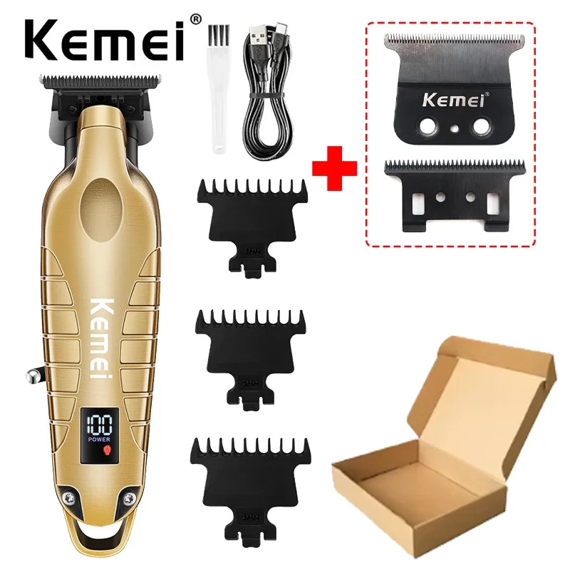 A Kemei professional cordless hair trimmer with multiple attachments and a box.