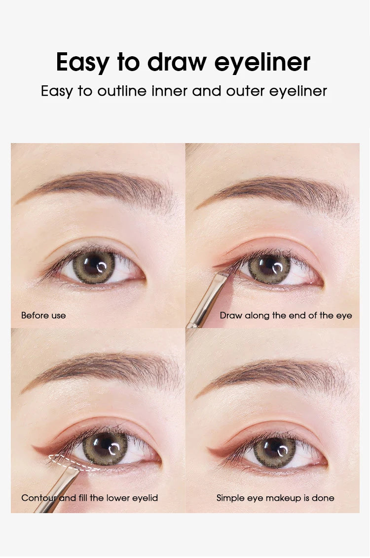 Demonstration showing how to draw eyeliner by outlining the inner and outer eyeliner using a precision makeup brush set.