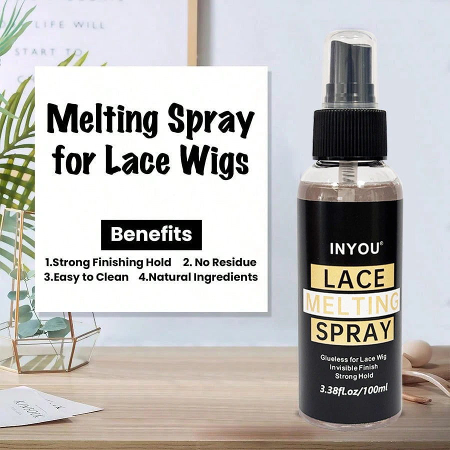 A bottle of InYOU Lace Melting Spray with a label listing benefits like strong finishing hold and natural ingredients.