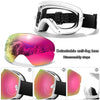 A white sports goggle with a detachable anti-fog lens shown in various assembly and usage steps.