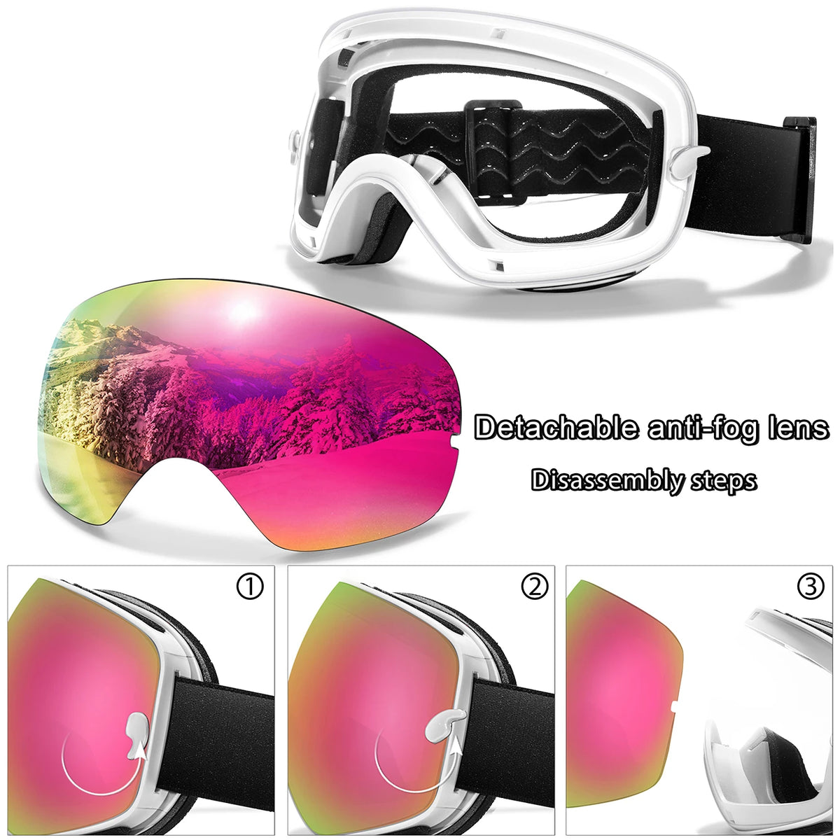 A white sports goggle with a detachable anti-fog lens shown in various assembly and usage steps.