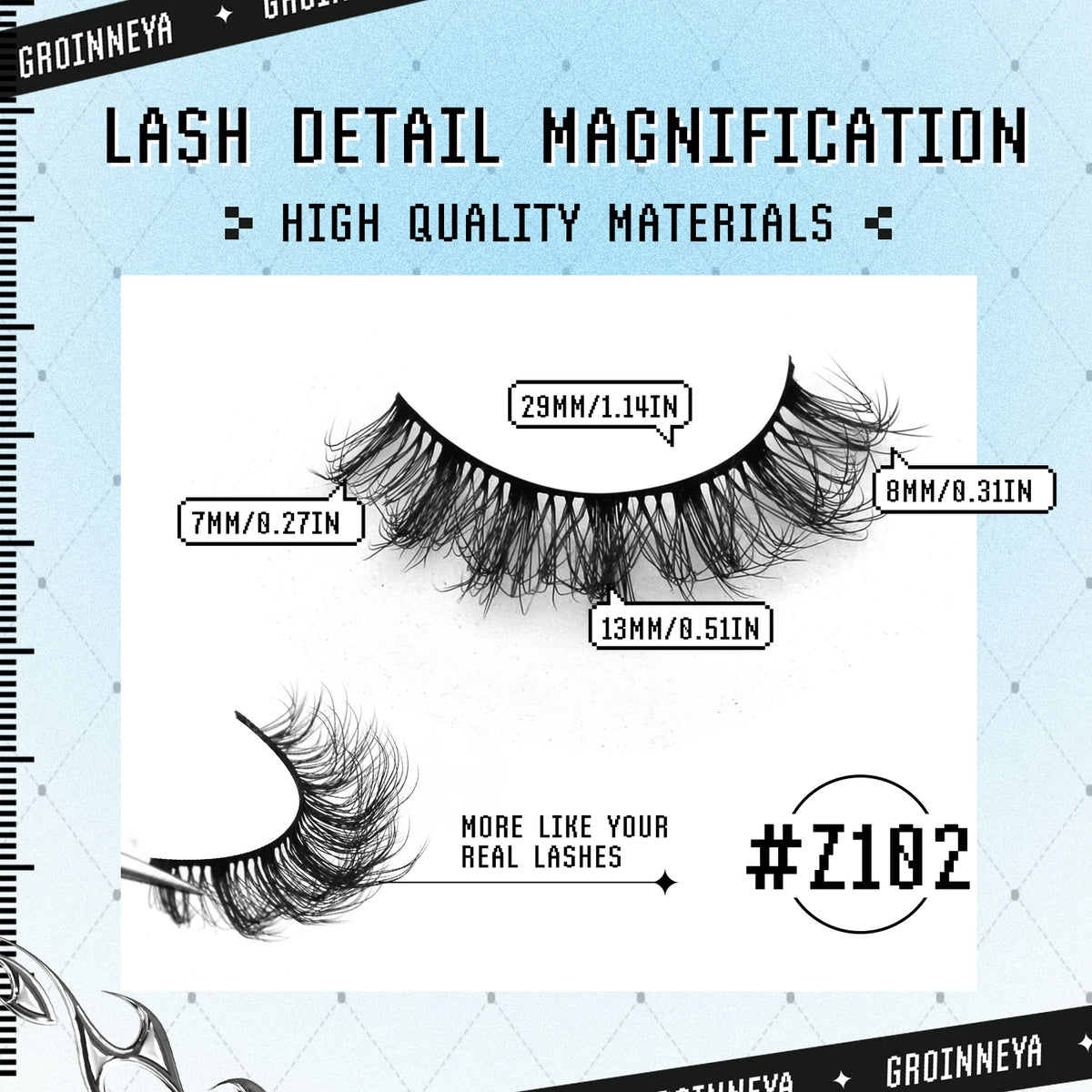 Close-up of lash detail magnification showing high quality mink false eyelashes with various lengths and volume.