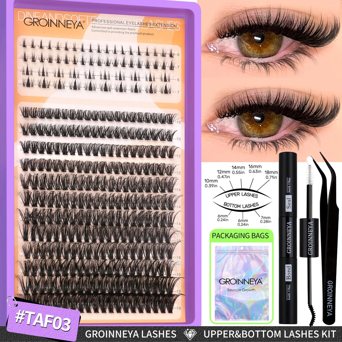 Goinneya lashes kit showing various lash styles and extension components for upper and bottom lashes