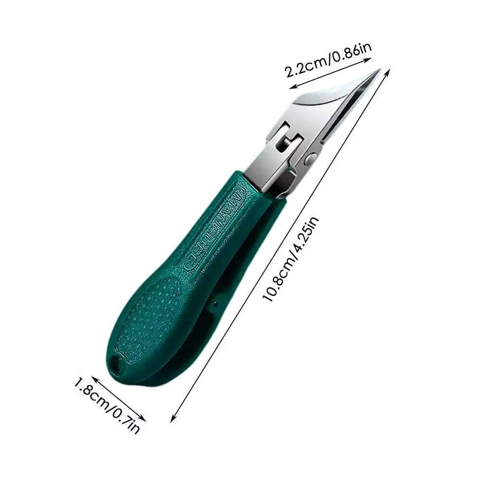 A close-up view of a teal stainless steel slant edge nail clipper with a green handle.