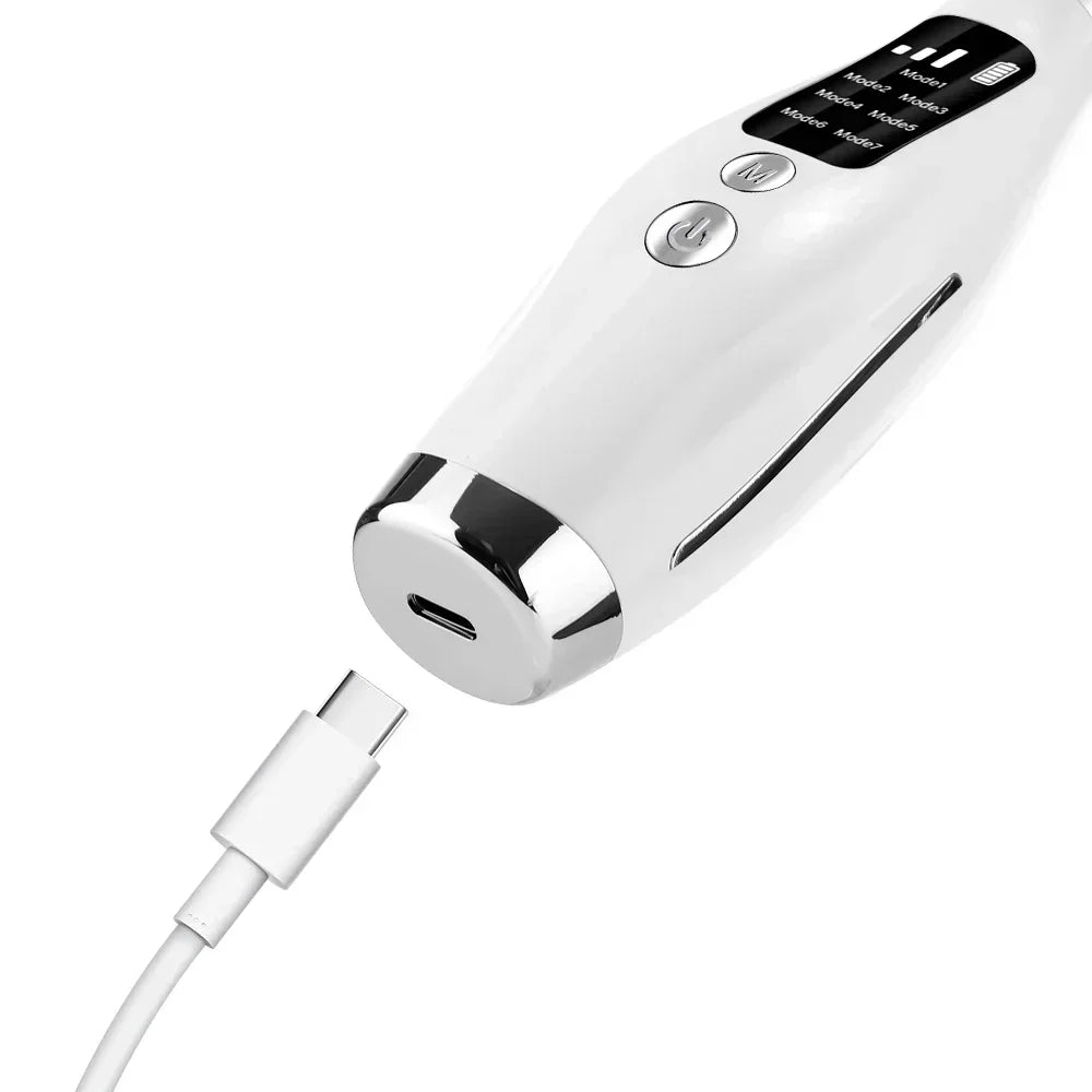 A white handheld massager with a silver nozzle and a control panel for facial and neck therapy.