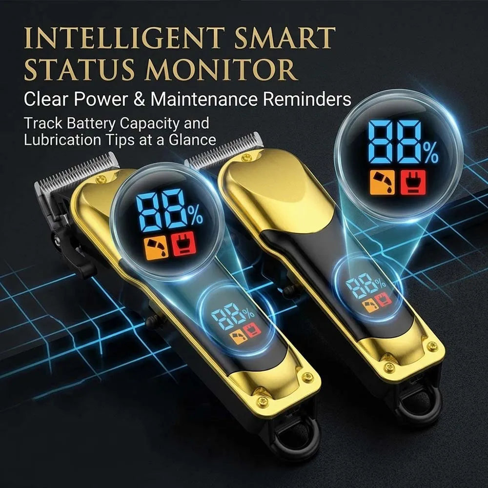A gold and black intelligent smart status monitor displaying battery capacity and maintenance reminders.