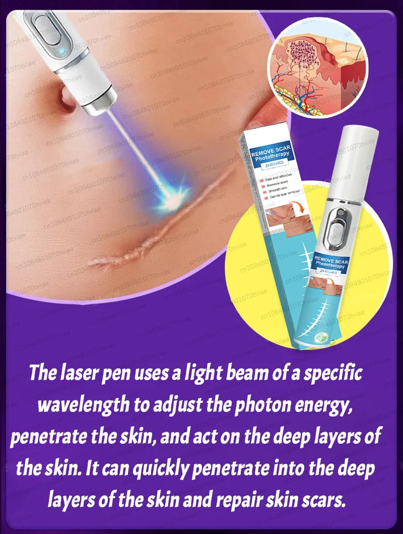 A laser pen device is shown next to a silicone scar care patch for skin regeneration.