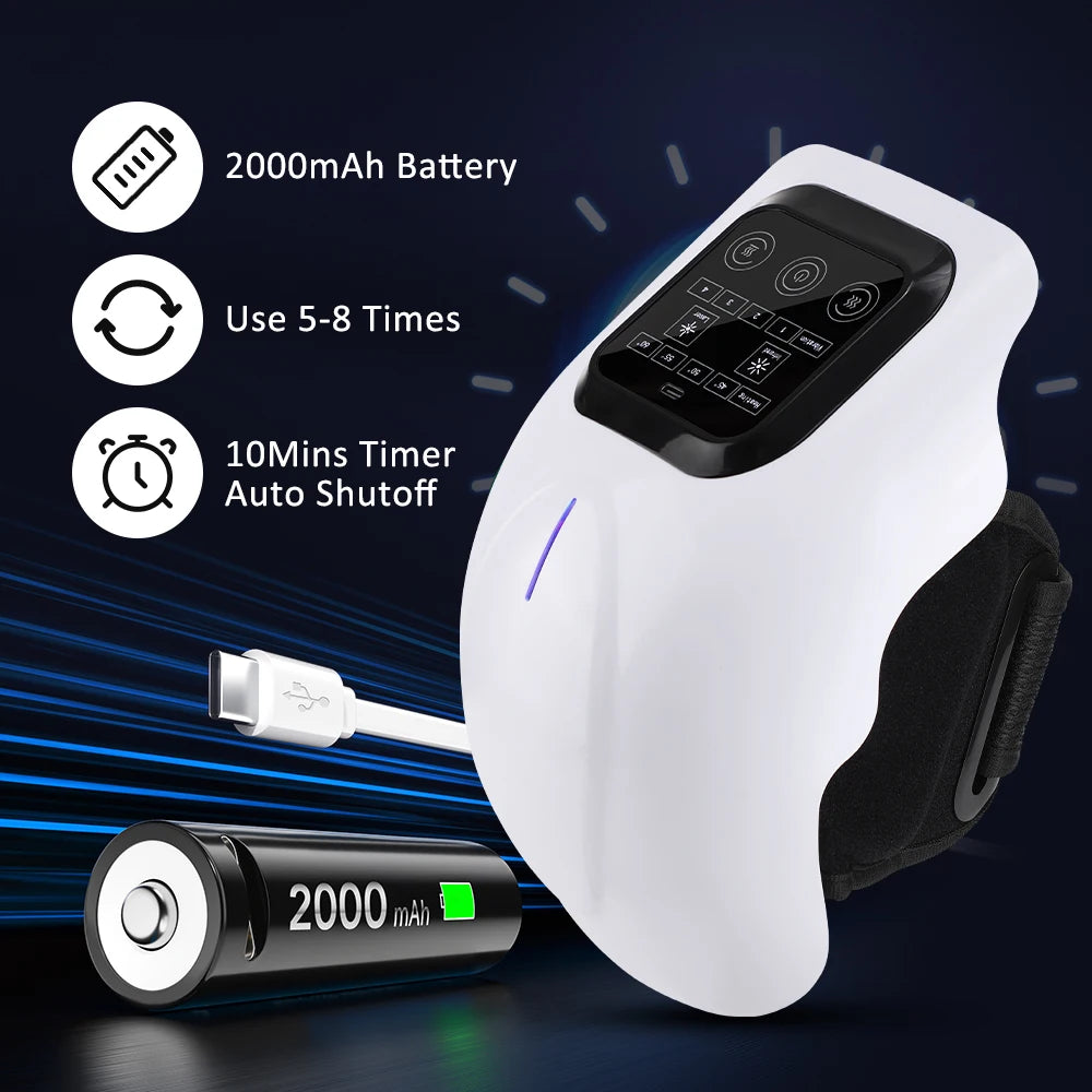 A white infrared knee massager device shown with its battery and charging cable.