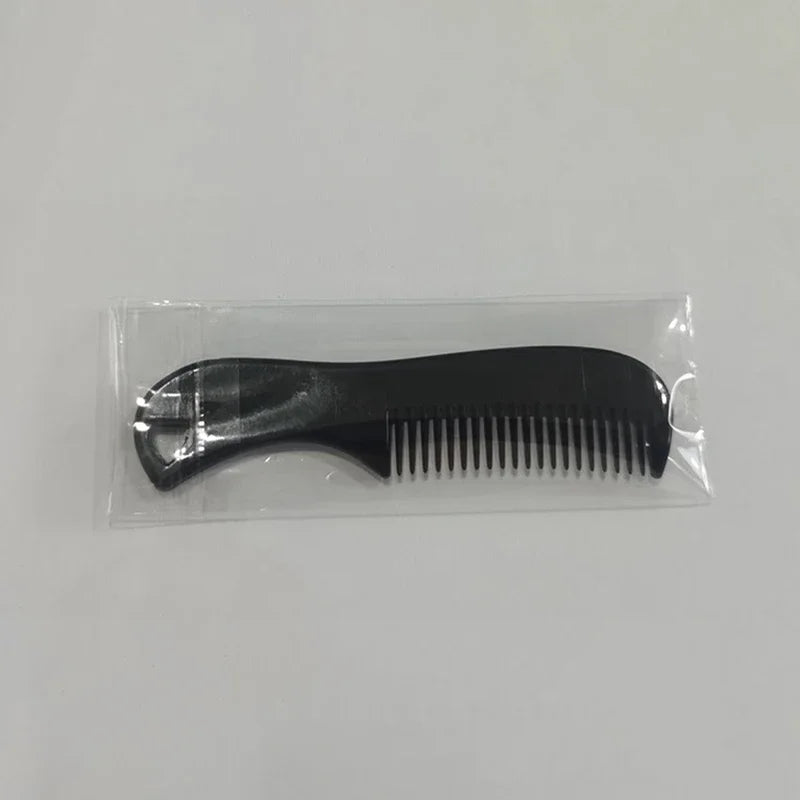 A black portable mini pocket beard comb for facial hair styling is shown in clear plastic packaging.