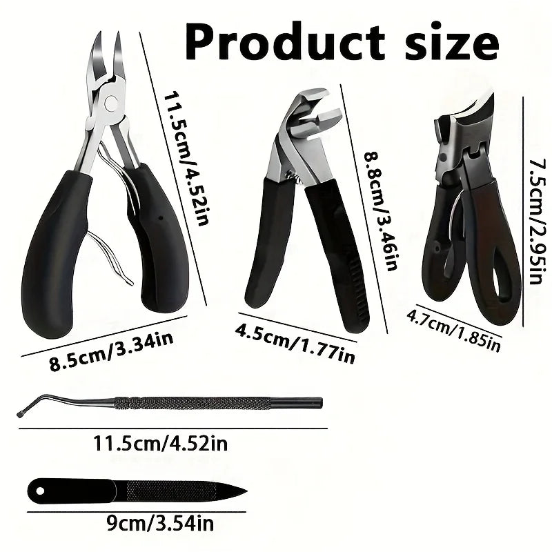 A set of professional heavy-duty stainless steel toenail clippers and a small blade, showing various sizes.
