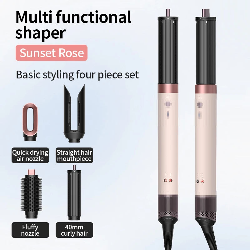 A multi functional shaper set featuring a Sunset Rose color, including a straight hair mouthpiece and a fluffy nozzle.