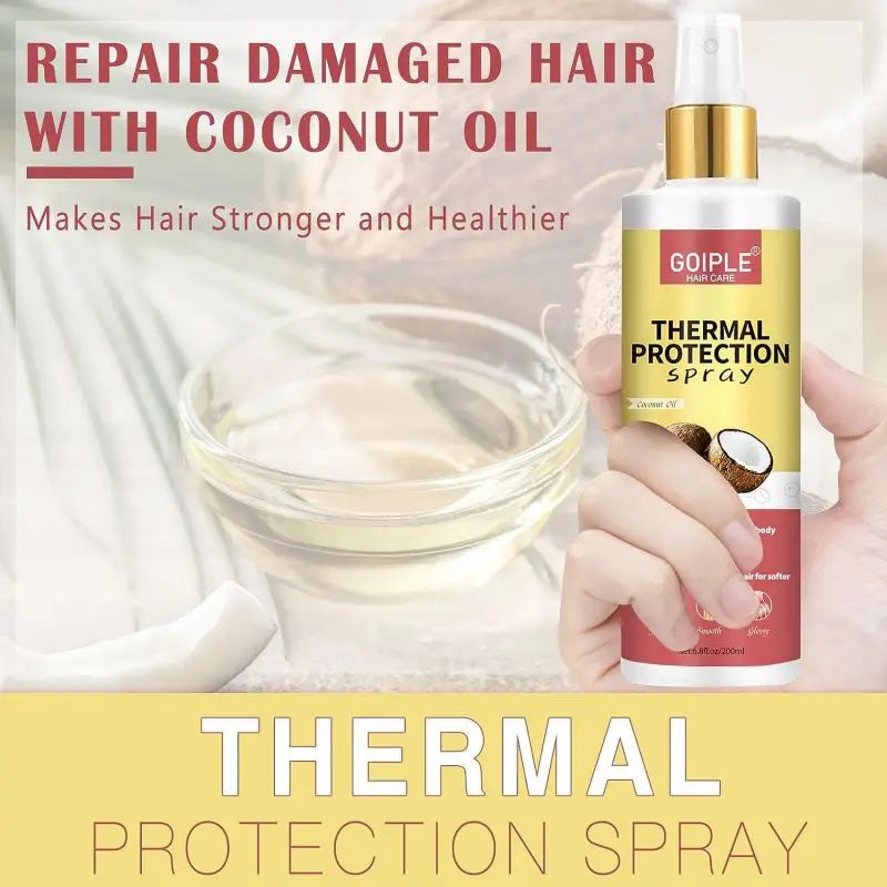 A hand holds a bottle of Goiple Thermal Protection Spray with coconut oil, demonstrating its use for repairing damaged hair.