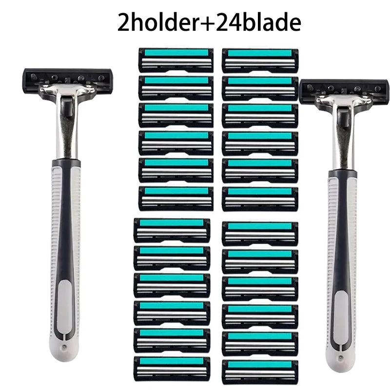 A set of 2 holders and 24 blades for a double blade replaceable shaver.