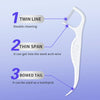 A white precision dental floss stick with a twin line, thin span, and bowed tail shown in detail.