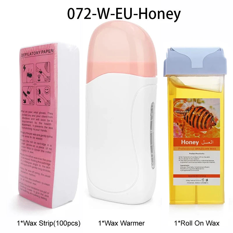 A set of professional waxing tools including a wax strip, a wax warmer, and a roll-on wax container.