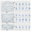 A collection of quilted cotton makeup bags in light blue floral patterns, showing various sizes and contents.