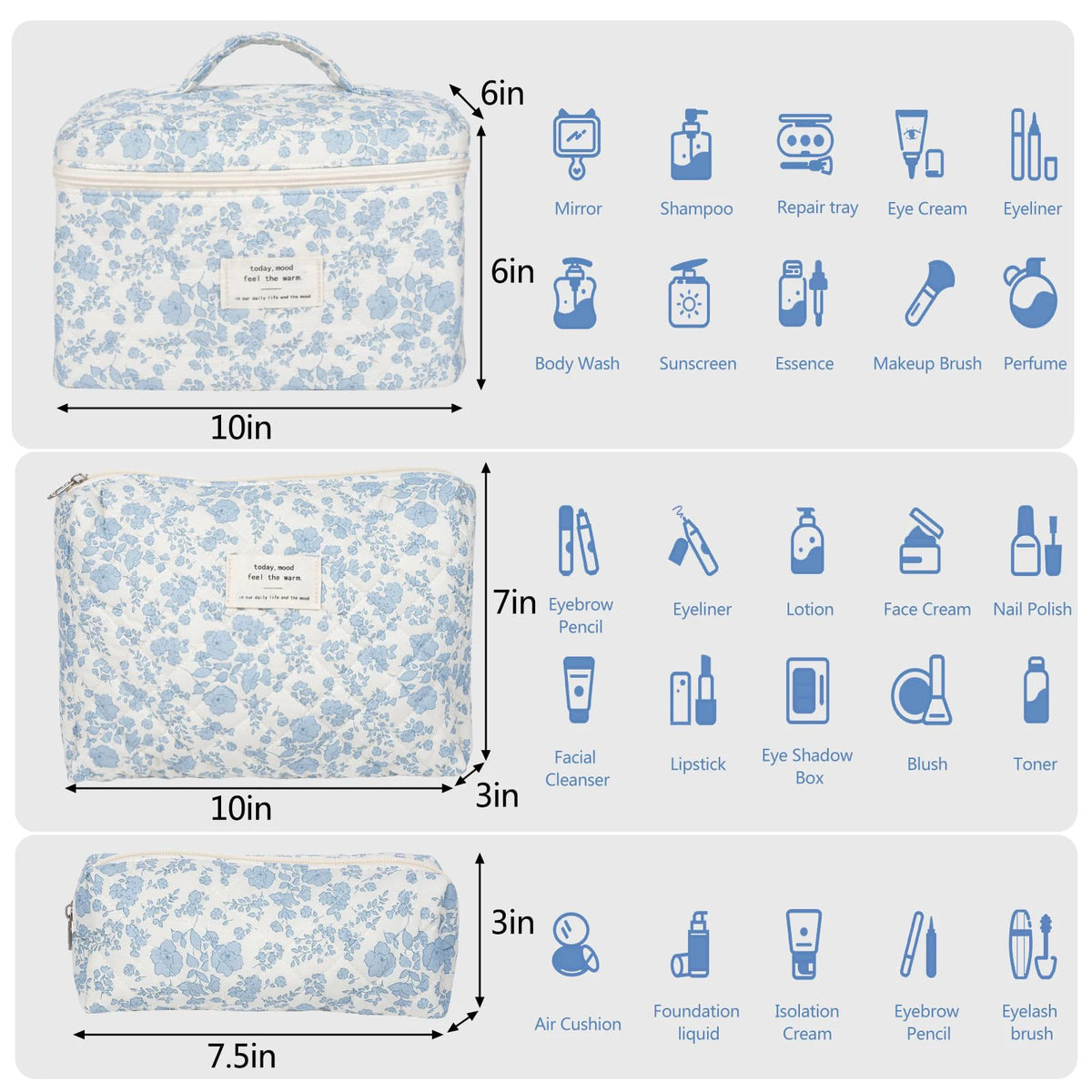 A collection of quilted cotton makeup bags in light blue floral patterns, showing various sizes and contents.