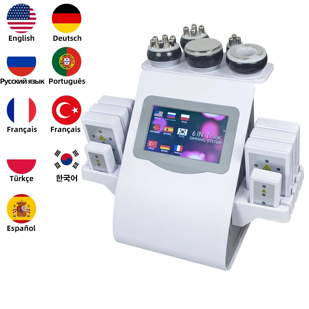 A white electronic device with multiple language options and various massage tools is shown.