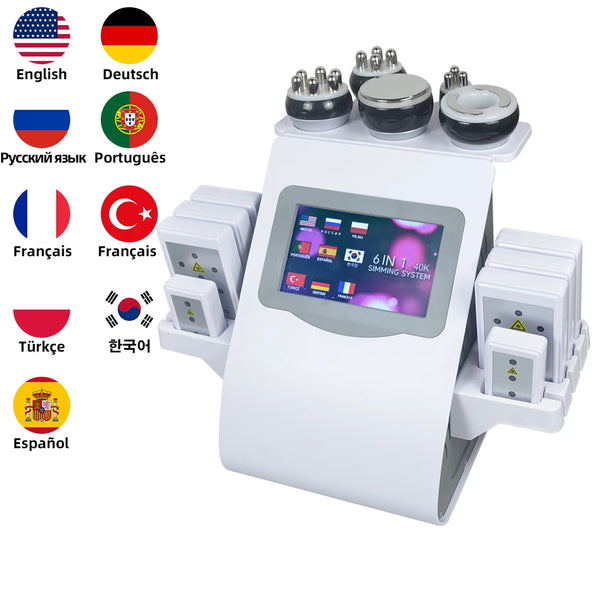 A white electronic device with multiple language options and various massage tools is shown.