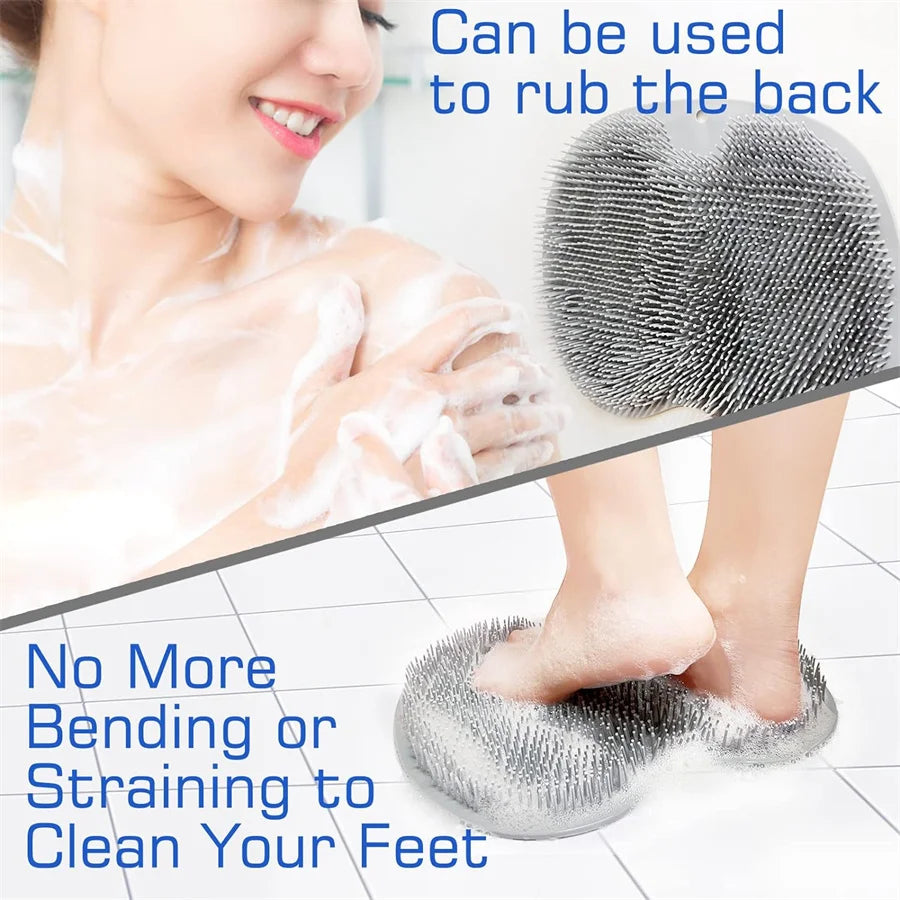 A close-up of a textured shower foot scrubber mat being used to rub the back and feet.