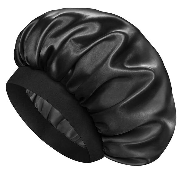 Black double layer silk sleep bonnet for curly hair shown from the side.