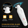 A white professional rechargeable hair trimmer with a stainless steel blade is shown alongside an inset view of the blade.