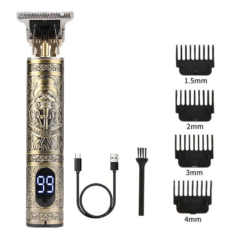 A professional rechargeable hair grooming kit with various size attachments for trimming and styling.