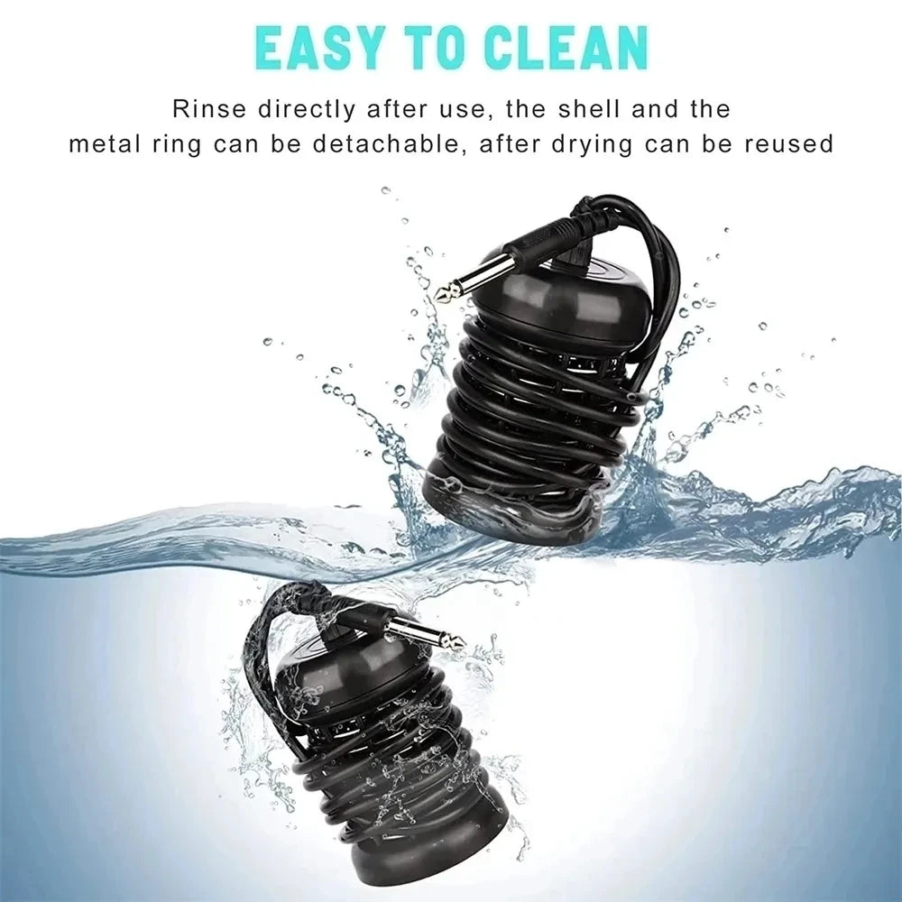 A black ionic detox foot spa massager is shown being rinsed under water.