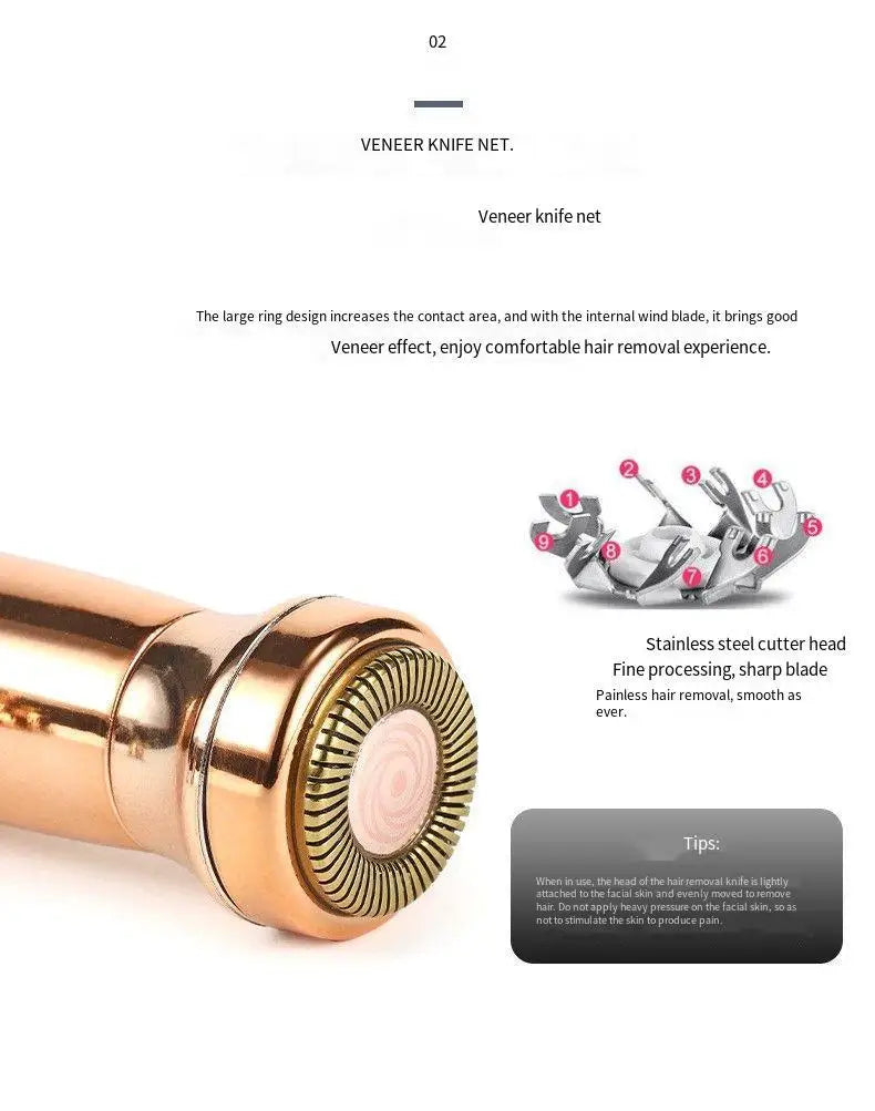 A close-up view of a gold-colored electric hair remover device with a textured head.