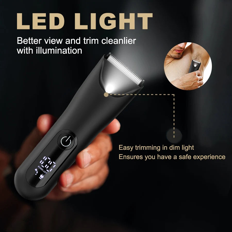A hand holds a black LED light trimmer, demonstrating its use for better view and trimming with illumination.
