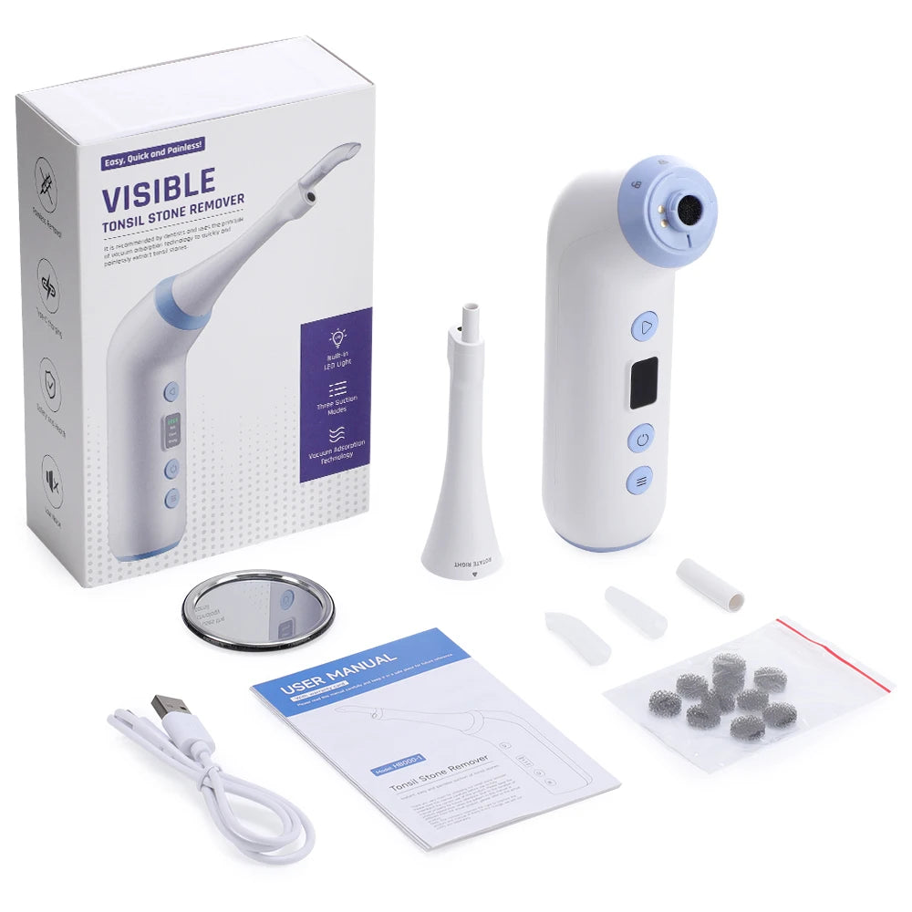 A white precision tonsil stone remover device and accessories are shown next to its packaging box.
