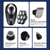 A set of grooming devices including a shaver, cleaning brush, massager, and nose hair device.