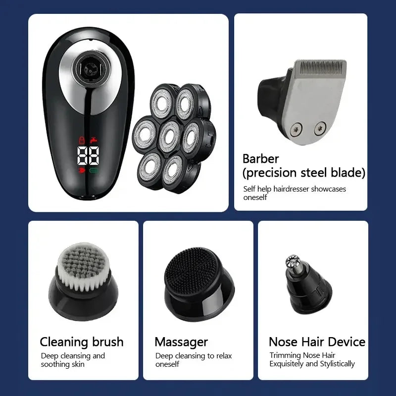 A set of grooming devices including a shaver, cleaning brush, massager, and nose hair device.