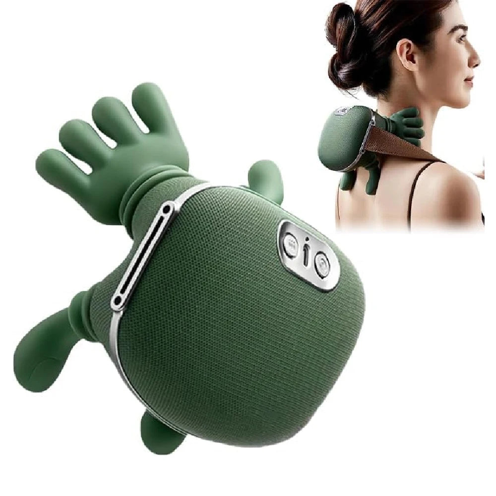 Grüner 4D-bionischer Nacken- und Schultermassierer mit Wärmetherapie, gezeigt auf einer Hand und einem Schulterbereich.