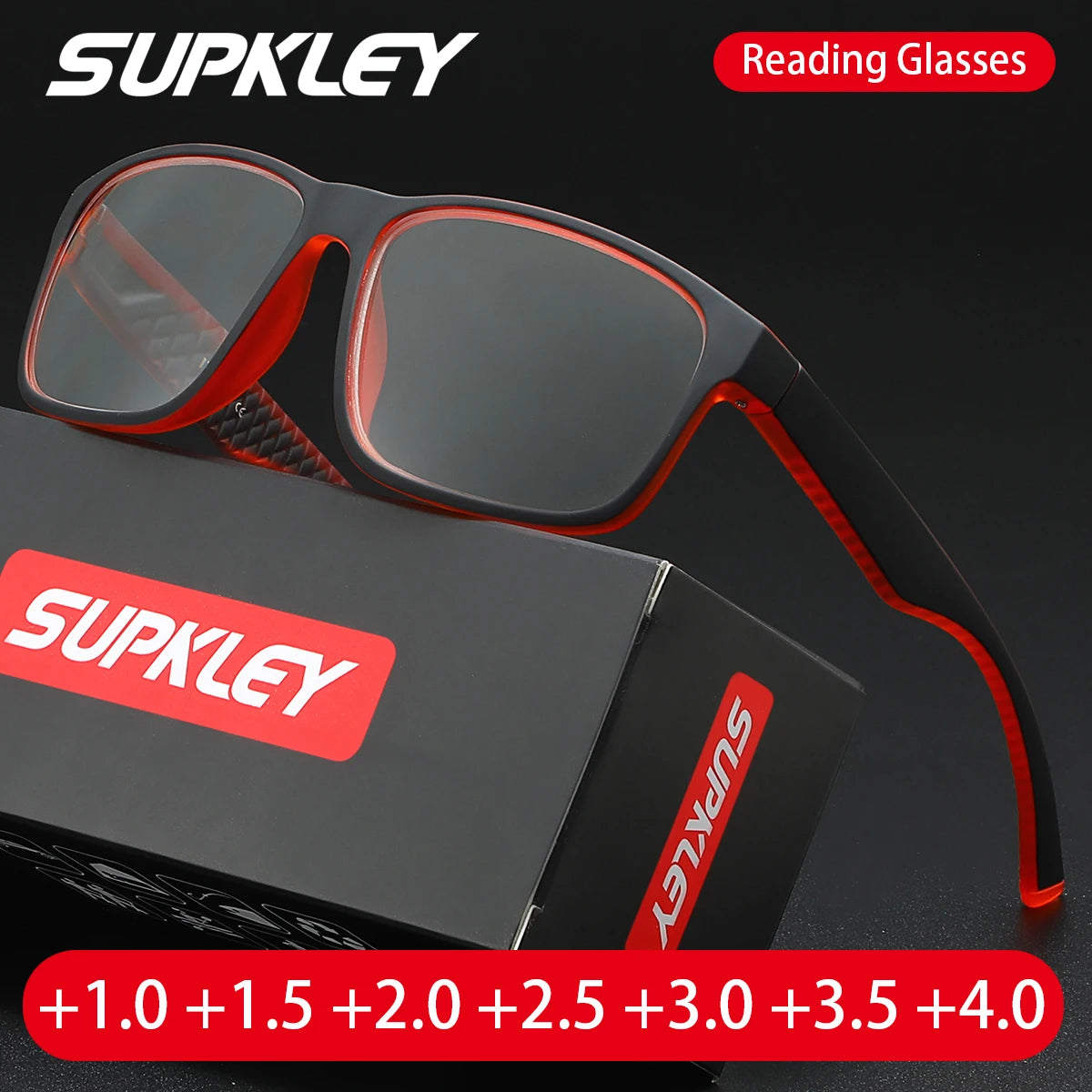 A pair of black-framed reading glasses with red accents displayed next to their packaging box.