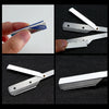 A set of stainless steel folding shaving razors, including a new platinum blade and various folding razor components.