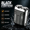 A black electric shaver is shown on a dark, wet surface with water droplets, highlighting its lightweight, waterproof, and US