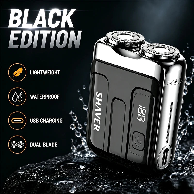 A black electric shaver is shown on a dark, wet surface with water droplets, highlighting its lightweight, waterproof, and US